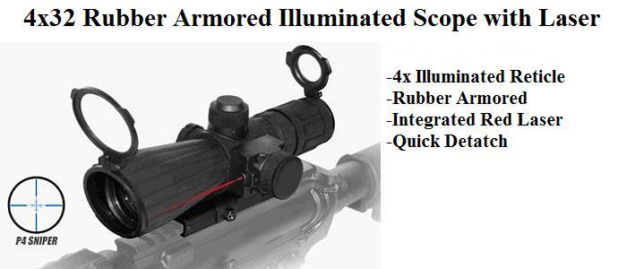 Tactical 4x32 Rubber Armored Illuminated Scope with Red Laser
