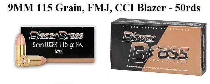 9MM, 115 Grain, FMJ, CCI Blazer - 50 Round Box