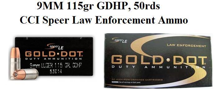 9MM. 115 Grain, GDHP, CCI Speer Law Enforcement, 50 Round Box