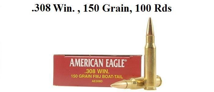 Federal American Eagle Ammunition AE308D, 308 Winchester, Metal Case Boat-Tail, 150 GR, 2820 fps, 100 Rounds