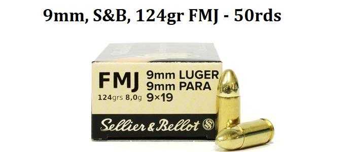 9MM Sellier & Bellot 124 grain FMJ - 50rds