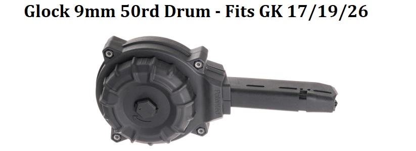 Glock 9mm 50rd Drum, Fits Glock 17/19/26