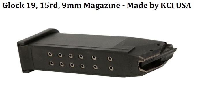 Glock 19, 9MM, 15rd made by KCI USA
